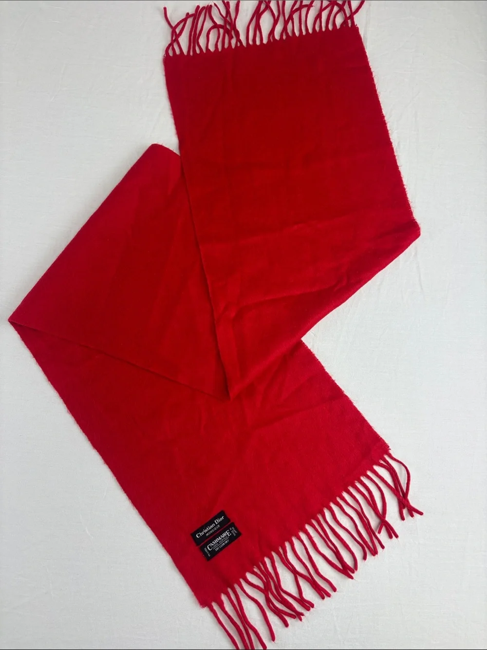 Christian Dior Monsieur Cashmaire Red Woven Fringe Scarf Vintage Made in Japan